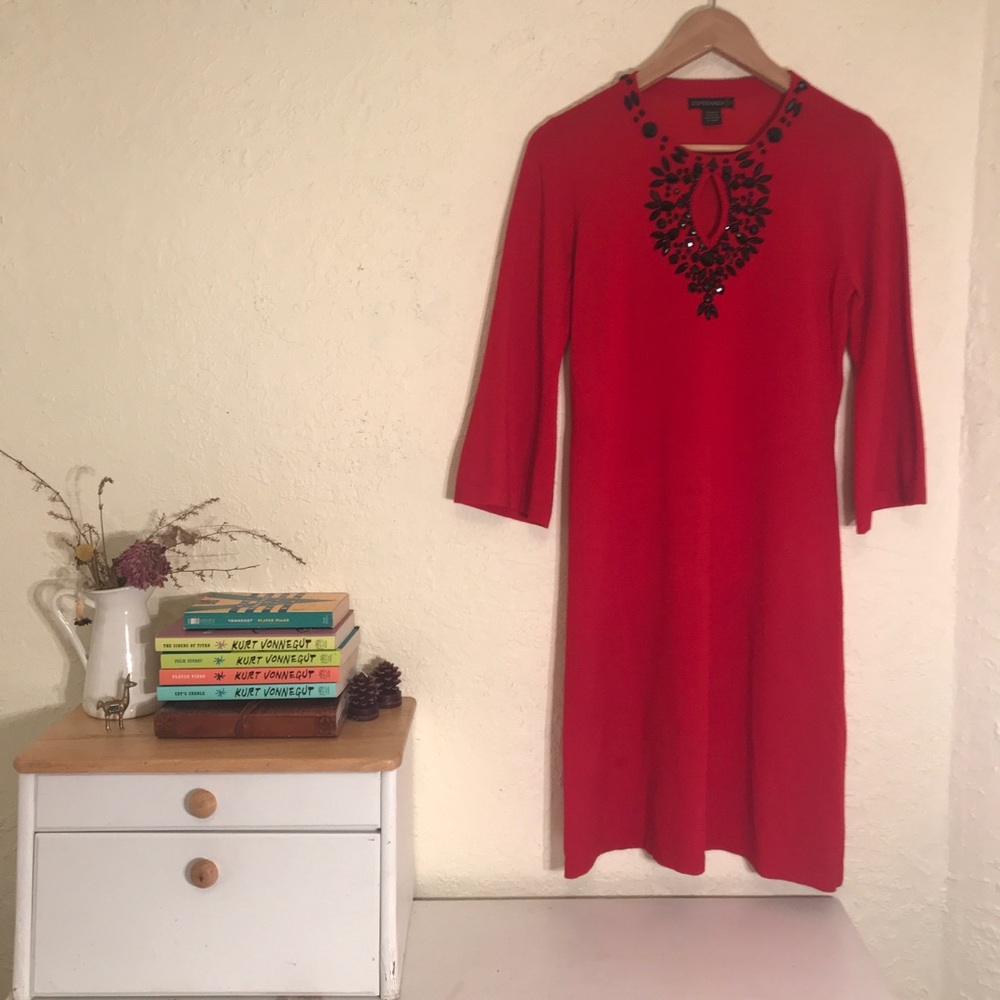 Red Long Sleeve Holiday Dress with Black Jewels